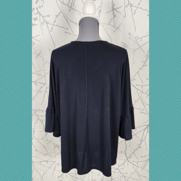 Bylyse Navy Stretch Knit Flutter Bell Sleeve Round Neck Top - Picture 4 of 5